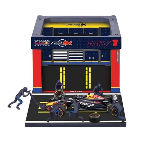 Image of BBURAGO PIT STOP Red Bull RB20 (2024) #1 Verstappen, play set with diorama, 1:43 scale vehicle and 6 mechanics, detailed replica with official Red Bull licence, recommended age 3+ years