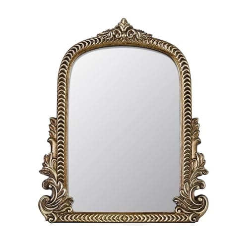 Image of LuHeToz Antique Arched Mirror for Vanity with Resin Frame -Small Size (24x29.5CM) Standing Mirror for Living Room, Bedroom, Tabletop-Vintage Gold