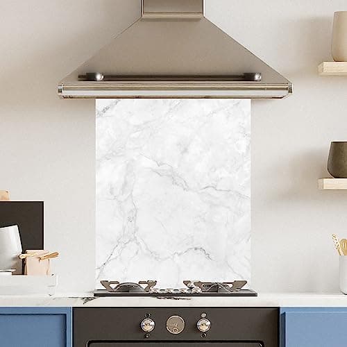 Image of Premium 60 cm x 75 cm White Marble Glass 6mm Kitchen Splashback Heat Resistant Toughened Polished Edges - Back Splash Back Coloured Hob Painted Tempered Splashback