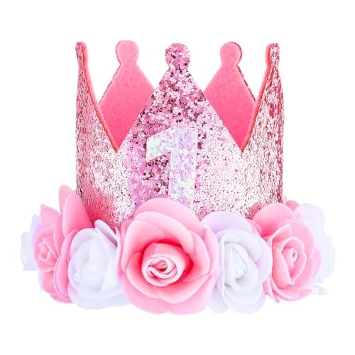 Image of Wanmu First Birthday Crown for Girls, First Birthday Hat, Pink Sprinkle 1 Year Rose Gold Baby Girl Decoration, One Year Old Flowers Princess Outfit for Photo Props