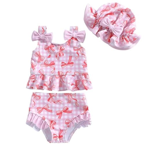 Image of DivingBirds Baby Girls Swimming Costume, Toddler Girls Two-piece Swimsuit with Hat Bikini Pink for 2-3 Years