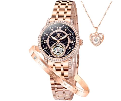 Image of OLEVS Women’s Watch Automatic Diamond Tourbillon Luxury Fashion Stainless Steel Waterproof Luminous Wrist Watches for Ladies Gift Rose Gold/Starry Sky Blue/Silver