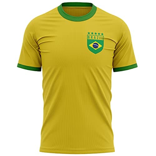 Image of Mens Retro Brazil Badge T Shirt Football Brasil Futbol Soccer Supporter Tee, M, Yellow/Green