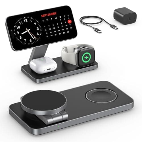 Image of Keepro 3 in 1 Wireless Charging Station for iPhone Magnetic Portable, Fast Wireless Charger Stand for iPhone Air/17e/17/16/15/14/13/12, AirPods Pro 3 2 Apple Watch (Adapter Included)-Black