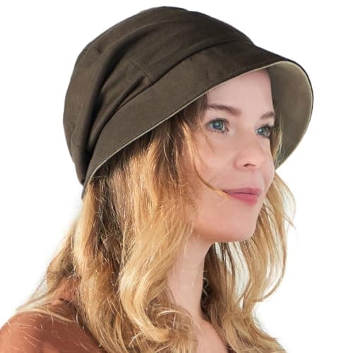 Image of CHARM Womens Organic Cotton Sun Hat - Japanese Summer Reversible Chemo Cap Elastic Brown & Beige Grey
