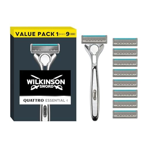 Image of Wilkinson Sword Quattro Titanium Men's Razor for Sensitive Comfort, Great Addition to Wash Bags for Men's Grooming, Shavers for Sensitive Skin, 1 Reusable Razor Handle and 9 Refill Blades Pack