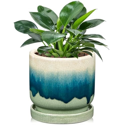 Image of Oairse Ceramic Pot for Plants 5 inch/13cm Ceramic Planter Decorative Small Pot with Drainage Hole and Saucers Gradient Dark Teal Outdoor Inoor Flower Pot for Succulent, Cactus, Snake Plant, Herb