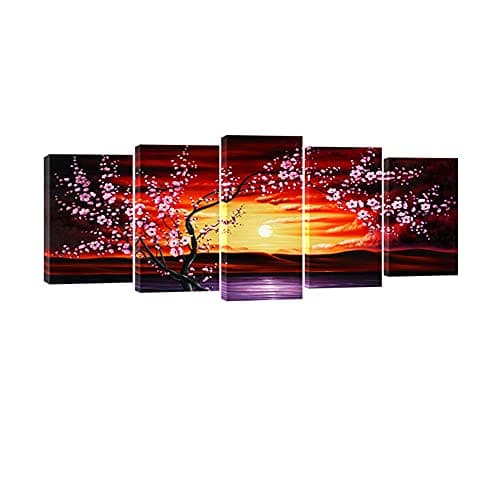 Image of Wieco Art - 5 Panels Plum Tree Blossom Modern Canvas Prints Flowers Artwork Contemporary Abstract Floral Paintings on Canvas Wall Art for Home Decorations Wall Decor