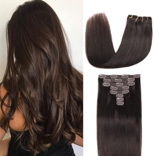 Image of Clip in Hair Extensions Real Human Hair 8 Pieces Straight Real Remy Human Hair Full Head Human Hair Extensions Clip in Double Weft Real Remy Hair (#2 Dark Brown, 18 Inch)