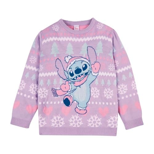 Image of Disney Lilo & Stitch Christmas Jumper | Girls Xmas Jumper | Childrens Acrylic Knitted Christmas Jumper Sweatshirt | Lilo & Stitch Gifts for Girls - 7-8 Years Lilac