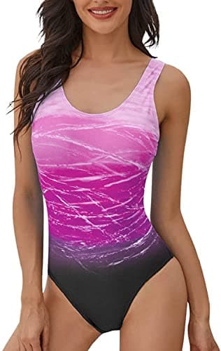 Image of heekpek One Piece Swimsuit Women Tummy Control Swimsuit High Waisted Women Swimming Costume Vintage Swimsuits Swimwear, Purple, Size M