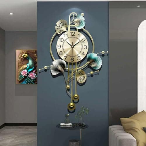 Image of KHCCJP Large Decorative Wall Clock - Modern Silent Non-Ticking Wall Clocks - Metal Iron Ginkgo Leaf Design Fancy Style Wall Quartz Clock for Living Room Bedroom Hotel Porch (Green, 70x52CM)