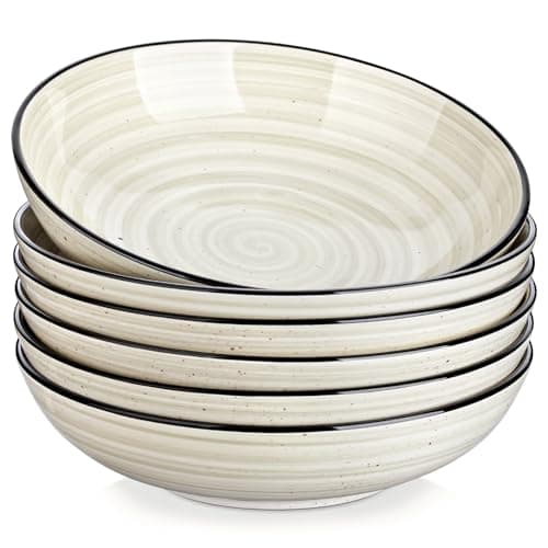 Image of vancasso Bonbon Pasta Bowls Set of 6, 38 oz/1140 ml Ceramic Salad Bowls, Wide and Shallow Bowls Set, Large Soup Bowls Serving Bowls for Kitchen, Beige