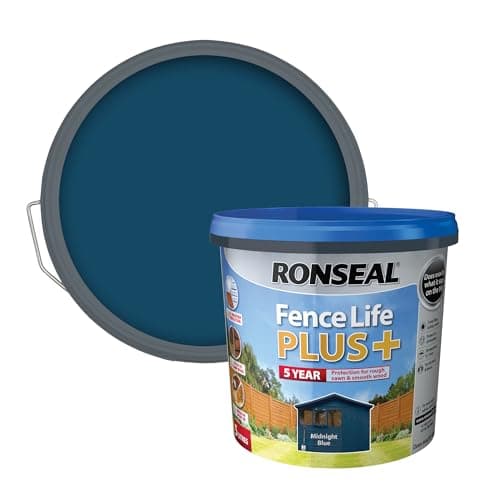 Image of Ronseal Fence Life Plus+ Midnight Blue 5L, 5 Year Long Lasting Protecion, All Weather Protection, Sticks to Damp Wood, Brush or Spray on, for All Sheds and Fences Also Showerproof in 1 Hour