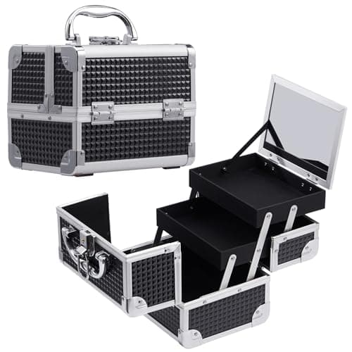 Image of Joligrace Vanity Case Makeup Organiser Box Beauty Case Nail Polish Organiser Box Make Up Case with Mirror, 2 Trays, Lockable, Size: 19.5 x 15 x 16cm (Black)