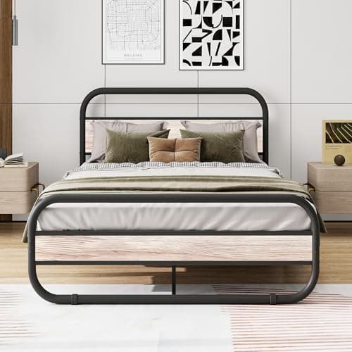 Image of HOMERECOMMEND Double Bed Frame with Headboard,Oval-Shaped Platform Bed with Under-Bed Storage,Steel Slats Mattress Foundation Round Pipe Design Bed Frame Double,Maple
