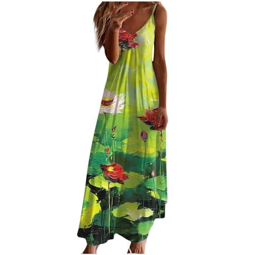 Image of Women Summer Spaghetti Strap Dresses Floral Print Dress Sleeveless V Neck Maxi Sundress Ladies Casual Swing Tank Beach Cover Up Holiday Work Party Boho Long Dresses UK