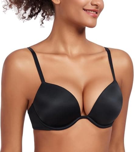 Image of Lemorosy Women's Deep V Plunge Push Up Bra Underwire Low Cut Thick Padded Add 2 Cups(Black,34A)