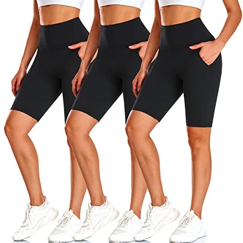 Image of BLONGW 3 Pack High Waisted Cycling Shorts Women UK - 8" Tummy Control Yoga Shorts with Pockets, Black Running Gym Shorts for Women Sports & Cycle（L-XL）