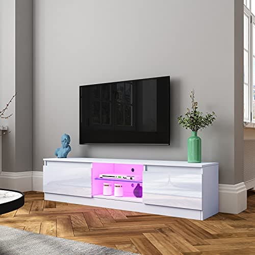 Image of TV Stand Cabinet Modern White Gloss TV Stand Unit with LED Lights 160CM, 2 Doors, 2 Open Shelves LED TV Cabinet for Bedroom Living Room Home Furniture