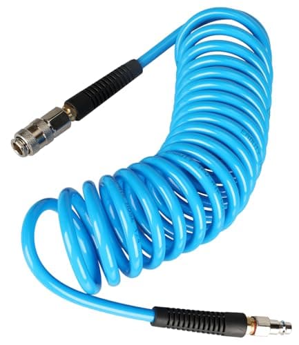 Image of EADUTY Air Compressor Hose, Heavy Duty Polyurethane Recoil Air Hose 1/4" I.D by 5 M Length, 150 PSI Air Compressor Accessories with Bend Restrictors and 1/4" Euro Quick Connect Fittings. Blue