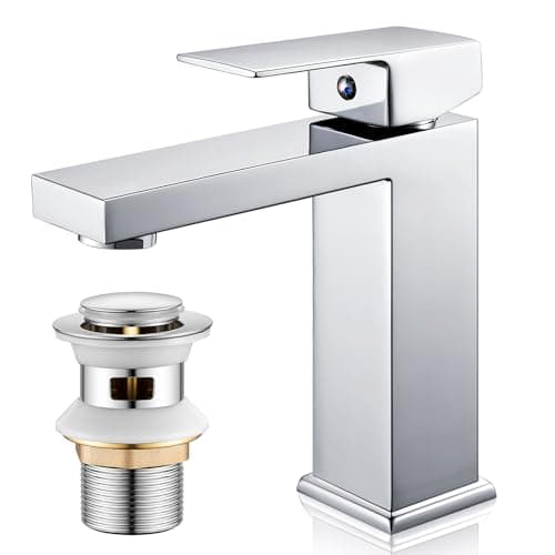 Image of Basin Tap with Waste, Bathroom Mixer Tap Chrome Single Lever Bathroom Faucet, Modern Cloakroom Faucet 1 Hole, with G1/2 UK Standard Hoses