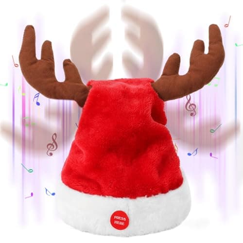 Image of SdeNow Interactive Dancing Musical Santa Claus Hats with Swinging Reindeer Antlers, Funny Electric Singing Christmas Hat for Party Decoration, Adults and Children