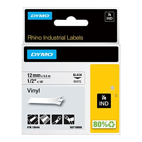 Image of DYMO Rhino Industrial Vinyl Labels | 12 mm x 5.5 m | Black Print on White | Self-Adhesive | for Rhino & LabelManager Label Makers