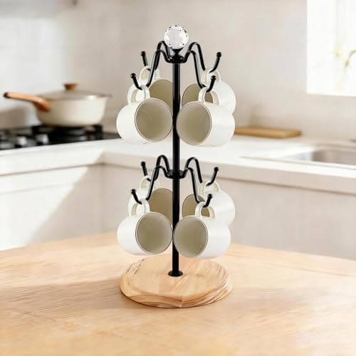 Image of LEMIKKLE Mug Tree, 8 Metal Hook Cup Holder with Weighted Solid Wood Base and Anti-Slip Pads, Stable Organiser for Kitchen and Coffee Bar (No Mugs) (Black)