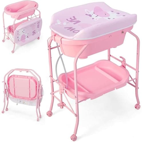Image of Maxmass 4-in-1 Baby Changing Table, Portable Infant Diaper Care Station with PVC Pad, Bath Tub, Storage Tray and Lockable Wheels, Folding Newborn Dresser Nappy Changer (Pink)