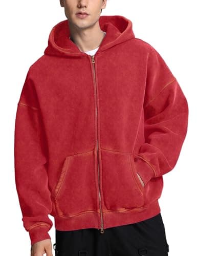 Image of Dnzzs Mens Zip Up Hoodie Oversized Acid Wash Hoodie Heavyweight Fleece Full Zipper Vintage Sweatshirt Fall Fashion Zip Jacket, Red, S