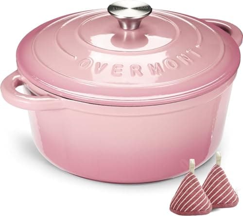 Image of Overmont 26cm/5.2L Enamelled Cast Iron Round Casserole Pot With Lid Cookbook & Cotton Potholders - Non-stick Dutch Oven Cookware for Braising, Stews, Roasting, Bread Baking - Pink, 5.5QT