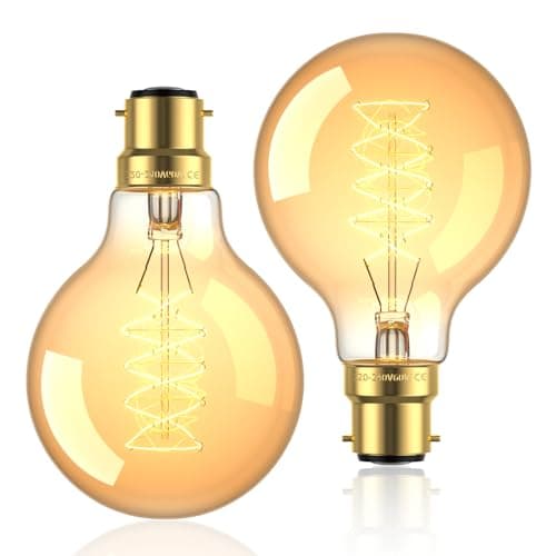 Image of BrightArk B22 Vintage Decorative G80 Dimmable Filament Light Bulbs, Globe Edison Bayonet Lights, Amber Glass, Warm White 2700K, 540LM, 220-240V, 2 Pack