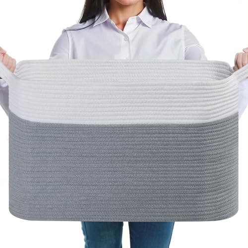 Image of JOJOSEE Large Storage Basket, Blanket Basket for Clothes Bedding, Woven Storage Baskets, Toy Storage for Kids, Rope Basket for Living Room, Nursery, Bedroom 55x38x30 cm (White&Grey, 1 Pack)