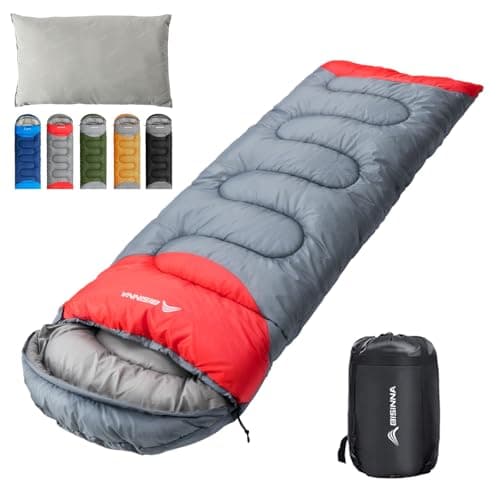 Image of BISINNA Sleeping Bag with Pillow - 4 Season Lightweight Waterproof Warm Sleeping Bag with a compression sack for Adults, Women, Men's Outdoors Camping, Hiking, Backpacking (4 Season/Grey/Right)
