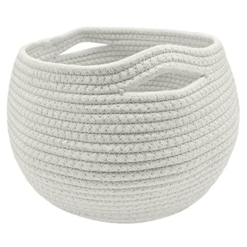 Image of Round Cotton Woven Basket,Handmade Small Wicker Storage Basket for Living Room, Toys, Towel, Bedroom, Corner Decoration, Plant Baskets Indoor, Sundries, 25.5x21cm (White)