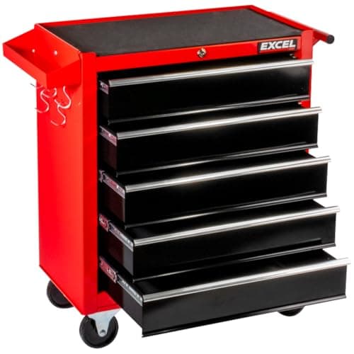 Image of Excel Steel 5-Drawer Tool Storage Cabinet Lockable with Wheels Handle Garage Equipment Trolley Home Work DIY Workshop Chest Black and Red- Roller Cabinet, Tool Chest