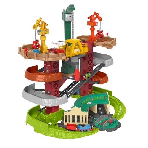 Image of Thomas & Friends Multi-Level Track Set Trains & Cranes Super Tower with Thomas & Percy Engines plus Harold for Preschool Kids Ages 3+ Years, GXH09