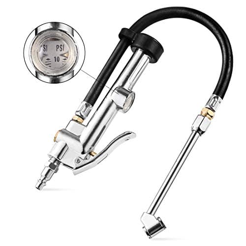 Image of CZC AUTO Tire Inflator Air Pressure Gauge with Rubber Hose, 10-120PSI Dual Head Heavy Duty 1/4" FNPT Tyre Inflator Gage Compatible with Air Pump Compressor for Truck RV Bus Car Motorcycle Bike