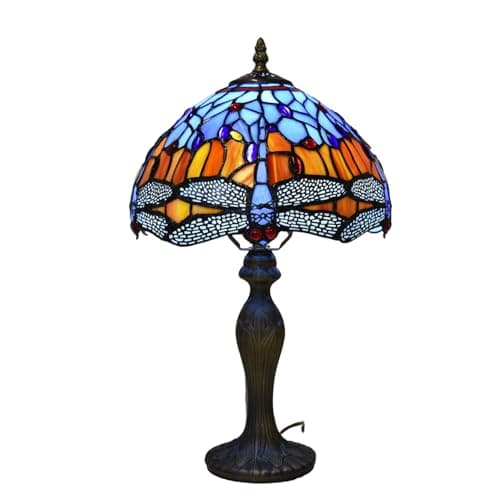 Image of TIFFORA Tiffany Style Table Lamp | Stained Glass Bedside Lamp with Dragonfly Design | Vintage Art Deco Lighting for Bedroom, Living Room, Reading & Home Décor | E27 LED Compatible | Blue & Orange