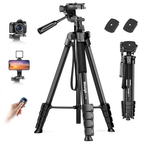 Image of Nineigh Camera Phone Tripod, 75'' Lightweight DSLR Camera Stand with 3 Way Pan Head, Horizontal Tripod for Smartphone with Remote and Carry Bag for Travel Video Photography YouTube Vlog