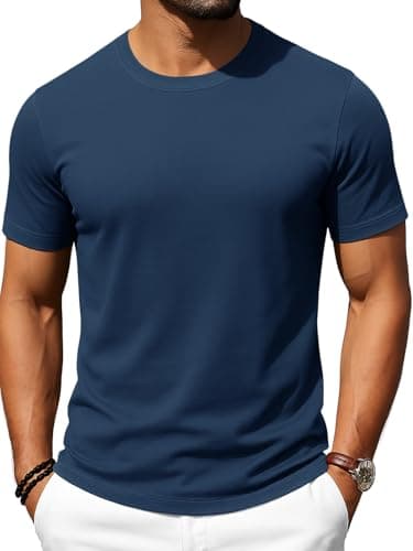 Image of Runcati Men's Short Sleeve T-Shirt Premium Plain Crew Neck Tops Summer Gym Fitness Sports Shirt Lightweight Regular Fit Tee Navy Blue L
