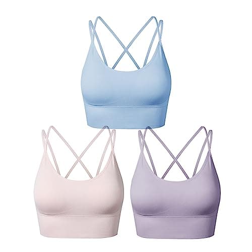 Image of SEGRILA Strappy Sports Bras for Women Crisscross Back Yoga Workout Bras with Removable Pads,Pink+Purple+Blue,S