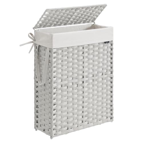 Image of SONGMICS Slim Laundry Basket, 55L Synthetic Rattan Storage Basket with Lid and Handles, Wicker, Foldable, Removable Liners, for Blankets, Clothes, Laundry Room, Cloud White LCB164W01