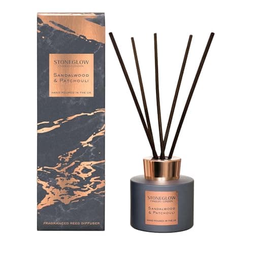 Image of Stoneglow Luna Collection Sandalwood & Patchouli Scented Reed Diffuser 120 millilitre with Amber & Musk Notes, Lasts 10 Weeks, 10 Rattan Reed Diffuser Sticks, Refillable & Reusable Home Air Freshener