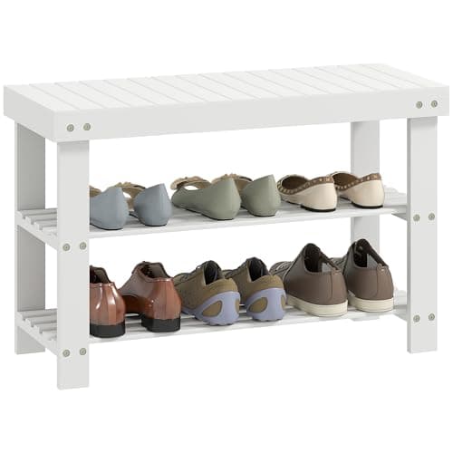 Image of HOMCOM Bamboo Shoe Bench, 3-Tier Shoe Storage Bench with Slatted Shelves for Entryway Hallway, Holds 6 Pairs, White