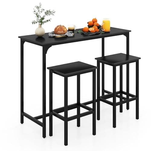 Image of COSTWAY Bar Table Set with 2 Stools, 3 Pieces Breakfast Bar Set with Footrest, Counter Height Dining Table and Chairs for Home Kitchen Pub Cafe (Black)
