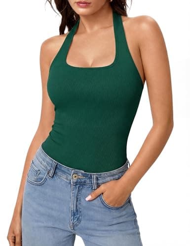 Image of Aottori Tank Top Women Halter Sleeveless Square Neck Vest Tops Ribbed Fitted Undershirt Summer Sexy Backless Crop Shirts Casual Y2k Green S