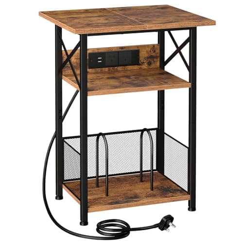 Image of AMHANCIBLE Record Player Stand with Charging Station, 3-Tier Bedside Table with Extra-Large Desktop and Storage Cabinet, Vinyl Record Stand Hold Up to 100 Albums for Living Room, Brown HETCD012BR-1
