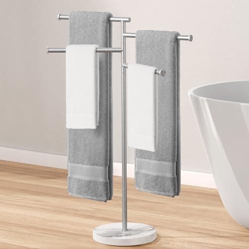 Image of KES Bathroom Towel Rail Free Standing Towel Holder, 4 Swivel Arms Towel Rack and Weighted Marble Base, SUS304 Stainless Steel Brushed Finish, BTH219S4-2